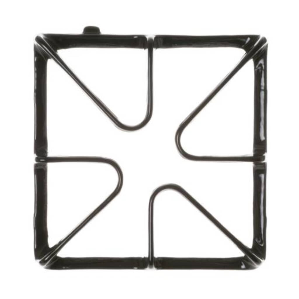 Top view of GE WB31K10034 black enamel burner grate showing square frame and cross-support design for GE cooktops.