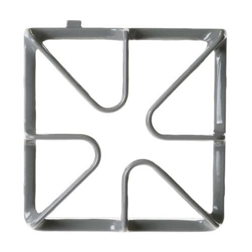 Overhead view of the square GE WB31K10045 gray metal wire cooktop grate.