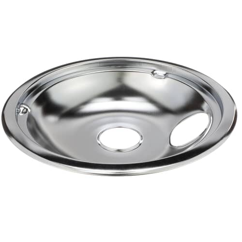 Top-down view of the 8-inch chrome drip pan (WB31K5025) showing the element holes.