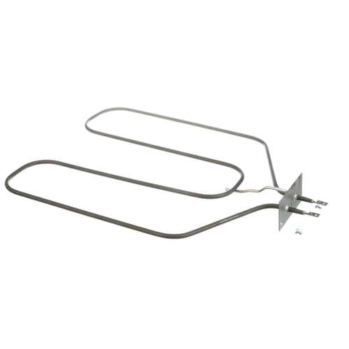 Full view of the GE WB44X134 electric oven broil element with mounting plate and terminals.