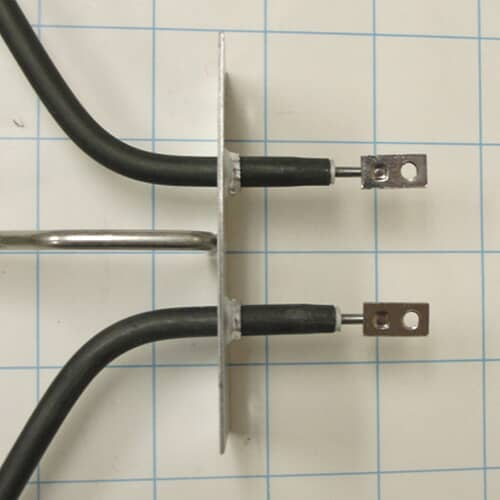 Close-up of the mounting plate and screw-on spade terminals for the GE WB44X134 broil element.