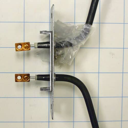Close-up of the metal mounting plate and terminals on the WB44X196 bake element.