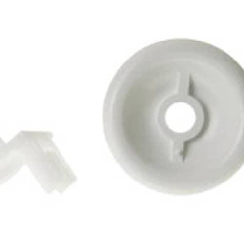 A small, light-colored dishwasher rack wheel with a center hole next to a small L-shaped white stud piece, isolated on a white background.