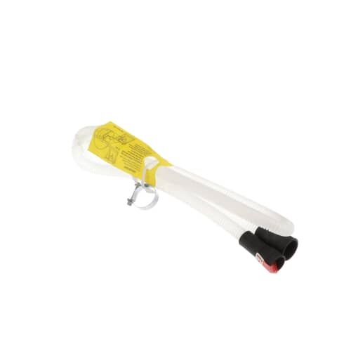 Close-up of the black rubber fittings and hose clamp on the drain tube assembly.