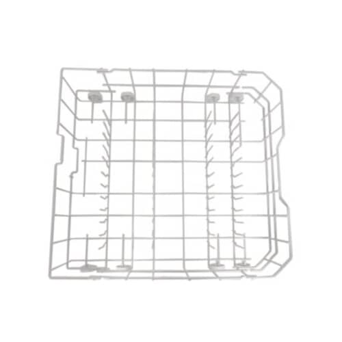Angled view of the GE WD28X10384 dishwasher lower rack assembly.