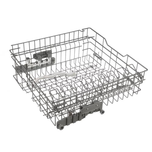 GE WD28X10410 Dishwasher Upper Rack Assembly showing the metal wireframe construction and attached roller hardware on a white background.