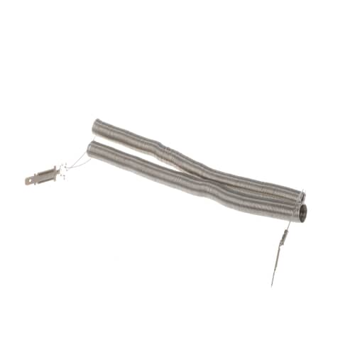 The GE heater coil assembly against a pure white background, showing the leads and the metallic base mounting points.