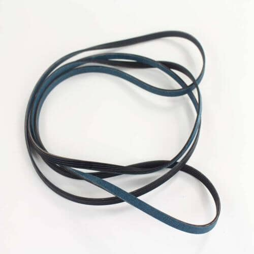 A long, black multi-ribbed dryer drive belt coiled loosely against a white background.