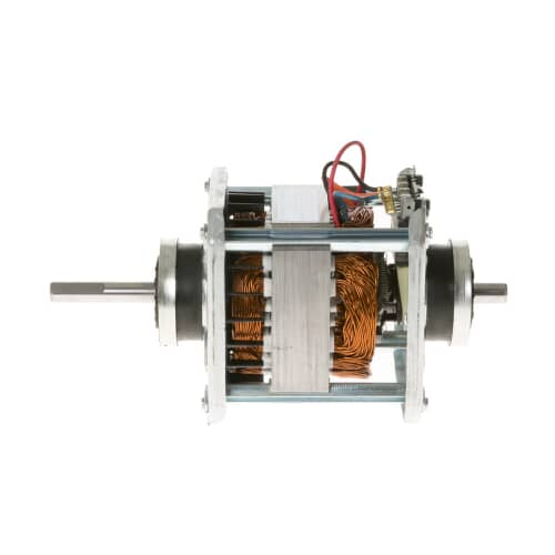 A view highlighting the copper windings, the warning/rating label, and the electrical harness connection points on the motor assembly.