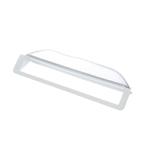 A white plastic dryer filter housing assembly, slightly curved, shown at an angle against a white background.