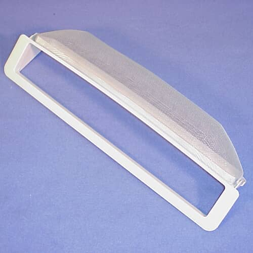 The dryer filter housing resting on a blue surface, showing the frame structure and the fine mesh screen inside.