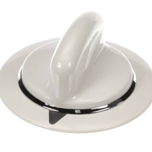 A side profile of the white knob assembly, showing the rounded contours of the handle against a white background.
