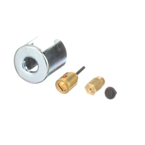 Close-up of the brass orifice components, one appearing to be the main regulator piece with an adjustment slot.