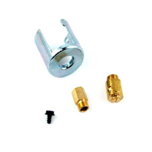The three main components of the conversion kit (shield, two brass jets) against a white background.