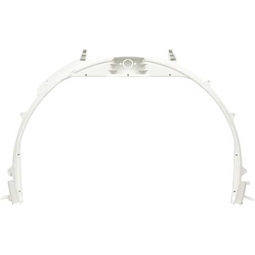A white plastic, arched dryer drum support bracket shown head-on against a white background, with mounting points visible.