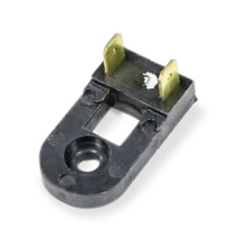 A black plastic housing electrical component with two top brass spade terminals and a mounting flange, against a white background.