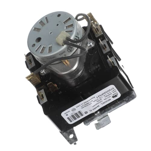 A GE dryer timer module shown at an angle, featuring the silver circular timer motor mechanism on top and the black electrical switch housing below.