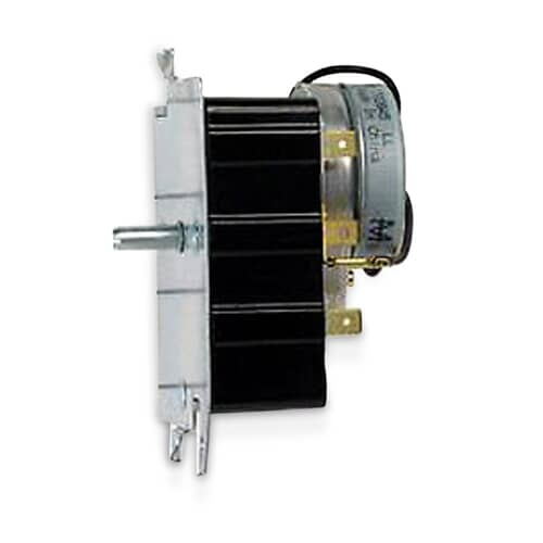 A profile view of the GE dryer timer assembly showing the metal mounting bracket, the black body, and the timer shaft sticking out to the left.