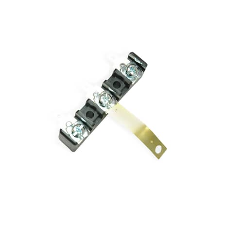 Close-up of the black terminal block showing three sets of screws for wire attachment and the gold ground strap connection.