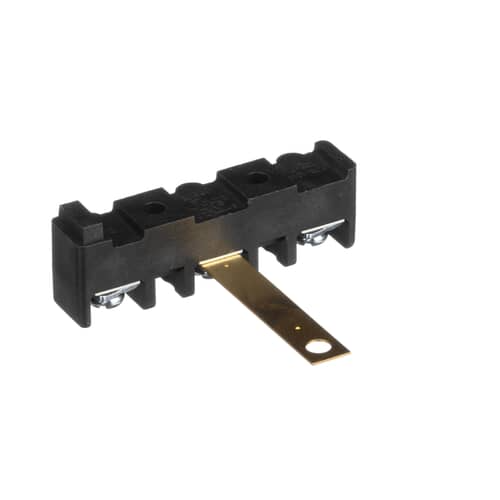 A GE terminal block kit showing the black plastic housing with a gold-colored ground strap extending from the middle, along with wires and caps.