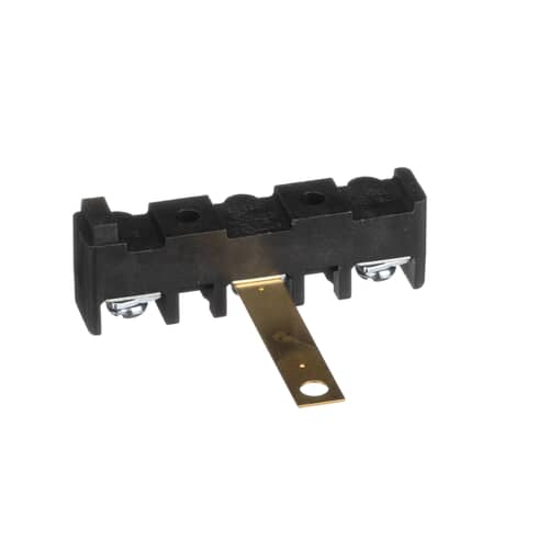 The terminal block assembly shown with the associated wires (red, black, white/green) and wire nuts included in the kit.