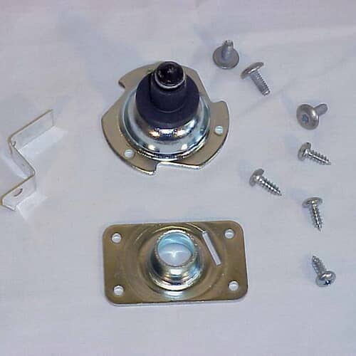 GE WE4M40 dryer drum support bearing kit components laid out, including two metal bearing cups and various screws/brackets.
