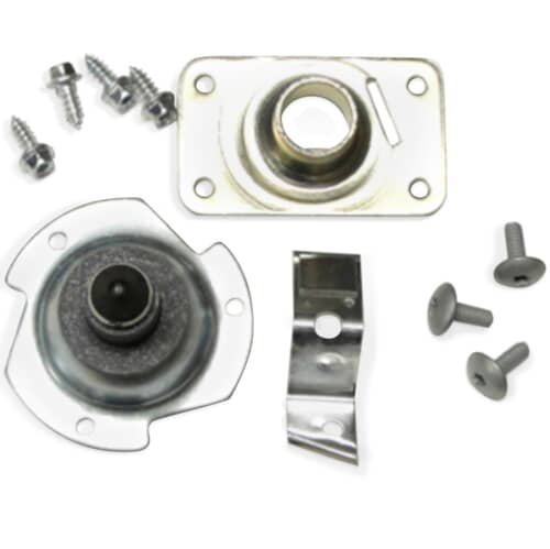 The components of the bearing kit arranged on a white grid, showing the bearing cups and a metal support bracket.