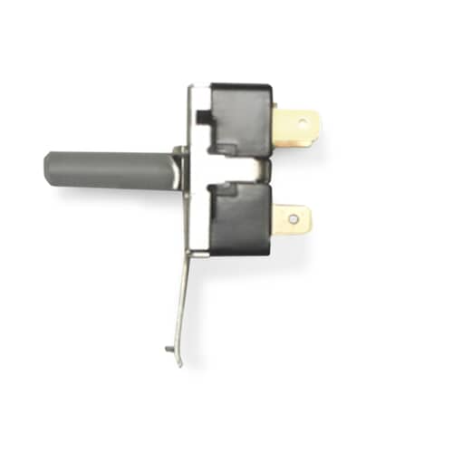 GE WE4M519 rotary switch showing a gray control knob attached to the switch shaft, with two electrical terminals visible.