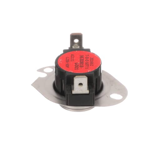 Side view of the dryer thermostat, clearly showing the black body, metal mounting flange, and the terminals extending outward.