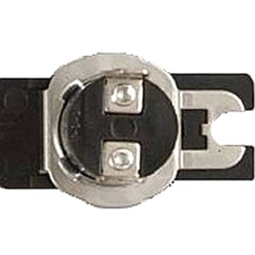 GE dryer safety thermostat shown from the top, featuring a black body, silver mounting plate, and two spade terminals.