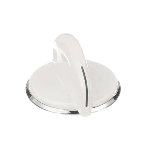 Close up of the white refrigerator control knob highlighting the chrome base ring