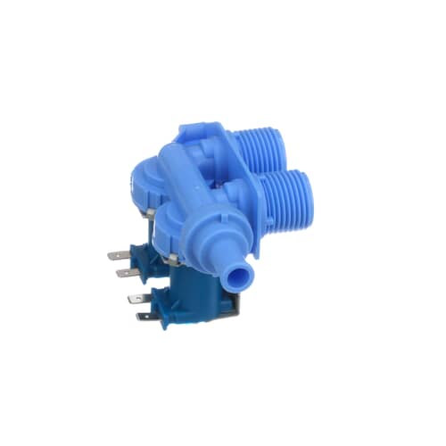 Side view of the valve assembly showing the solenoid terminals and mounting bracket.