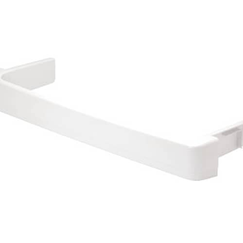 End profile view of the white plastic freezer shelf rail, showing the specific clipping mechanism used to attach it to the door liner.