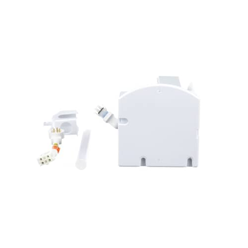 The components of the ice maker kit spread out, including the main white module, water inlet adapter, and white plastic tube.
