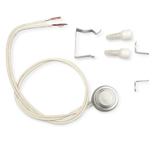 A GE thermostat kit laid out on a white surface, showing the disc-shaped sensor, mounting brackets, wires, and terminal covers.