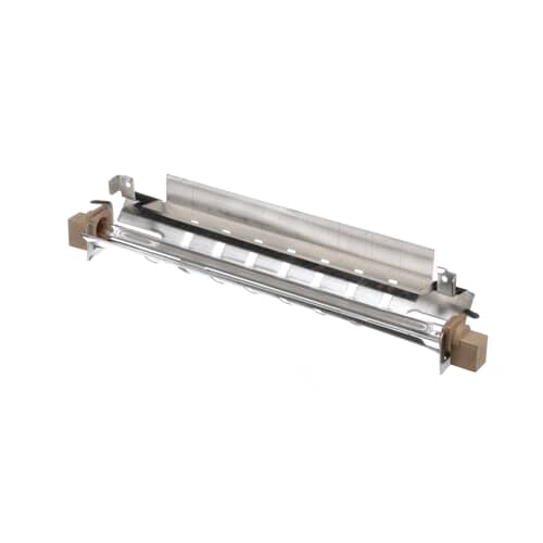 The defrost heater assembly shown at an angle, featuring ceramic insulators on the ends and attached mounting tabs, against a white background.