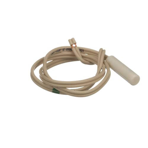 A GE refrigerator temperature sensor featuring a beige wire harness coiled loosely, ending in a white plastic connector plug.