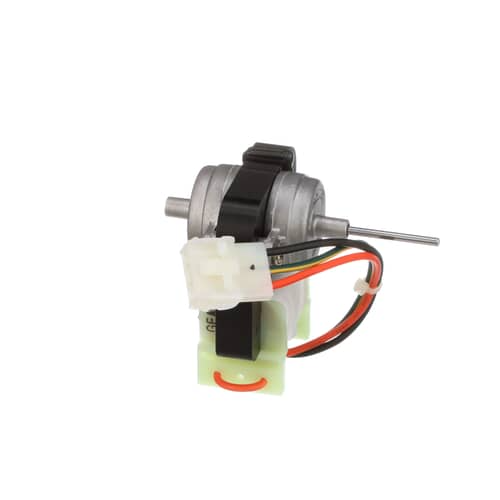 Side view of the condenser fan motor assembly, highlighting the metal mounting frame and the electrical components.