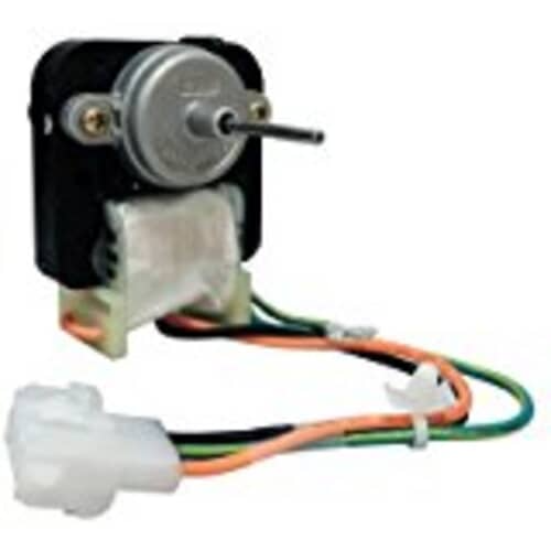 GE WR60X10220 condenser fan motor assembly with a silver shaft, black housing, and attached wiring harness with a white connector.