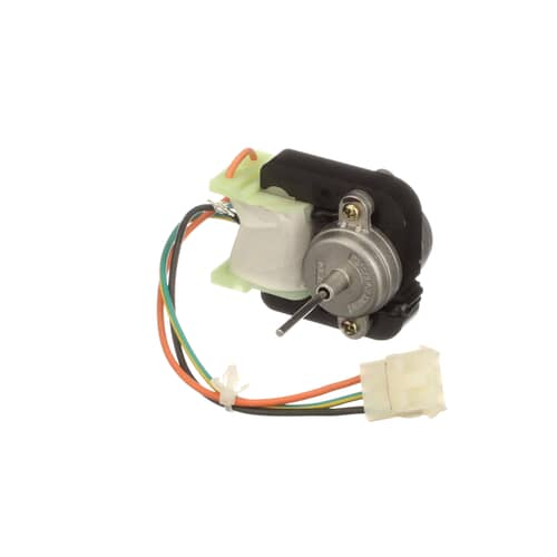 The refrigerator condenser fan motor shown at an angle, revealing the mounting bracket and electrical terminals.