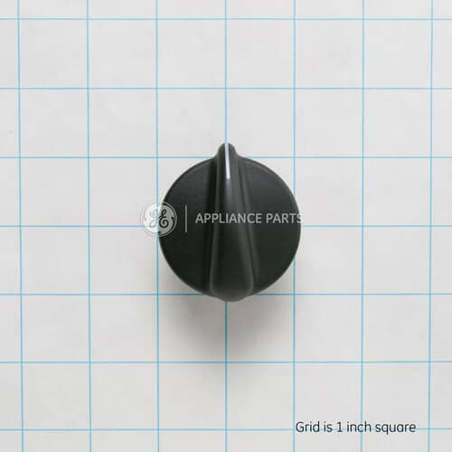 Black GE WB03T10197 control knob overlayed on a 1-inch grid for size reference.