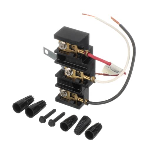 Angled view of the GE WB17X5095 power block with pre-wired pigtail leads.