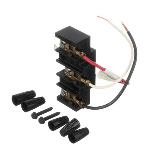 Close-up of the metal screw terminals and connection leads on the WB17X5095 power block.