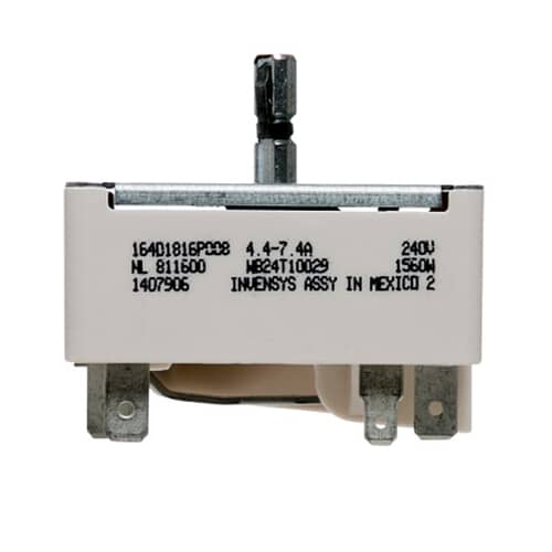 GE WB24T10029 Surface Element Control Switch showing the front view with electrical terminals and the shaft for installation.