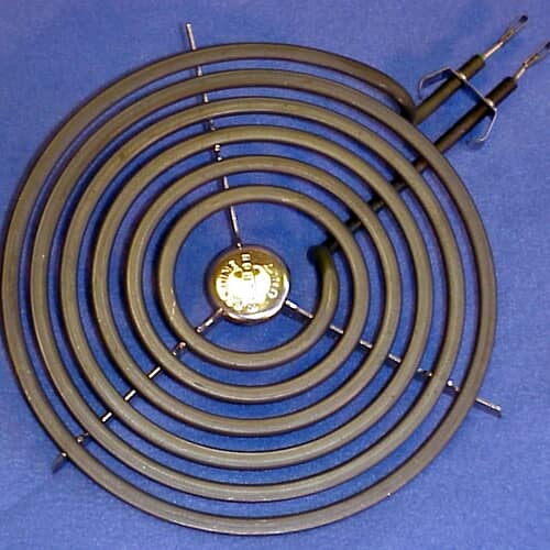 Electric surface burner coil with mounting terminal.