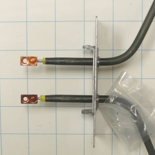Close-up view of the GE WB44X5082 Range Bake Element showing the connectors and coil design for optimal heat distribution.