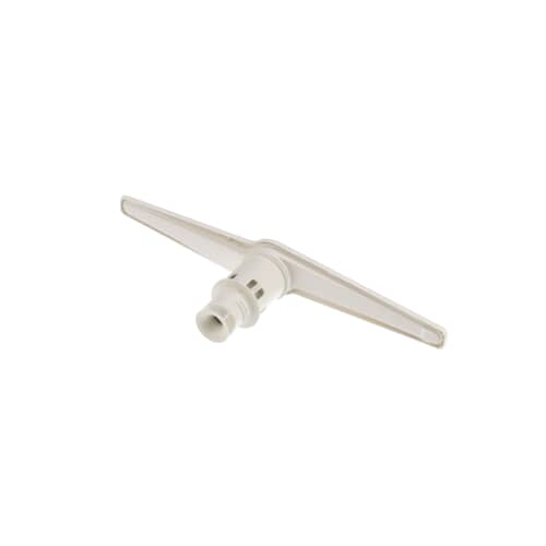 Side view of GE WD22X154 dishwasher spray arm assembly showing water outlet nozzles and connector.