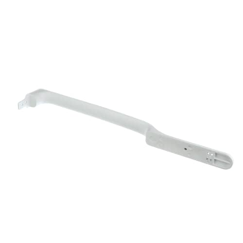 Angled view of GE WR12X10107 OEM refrigerator door handle showing full-length design and mounting ends.