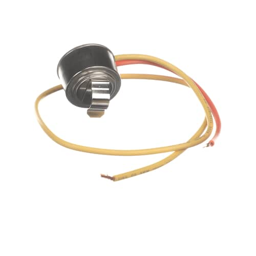 Side view of GE WR50X10025 refrigerator defrost thermostat used to control defrost cycle temperature.