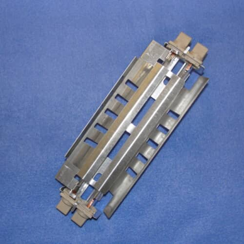Close-up view of GE WR51X10101 heater element with metal housing and connection terminals for defrost cycle operation.